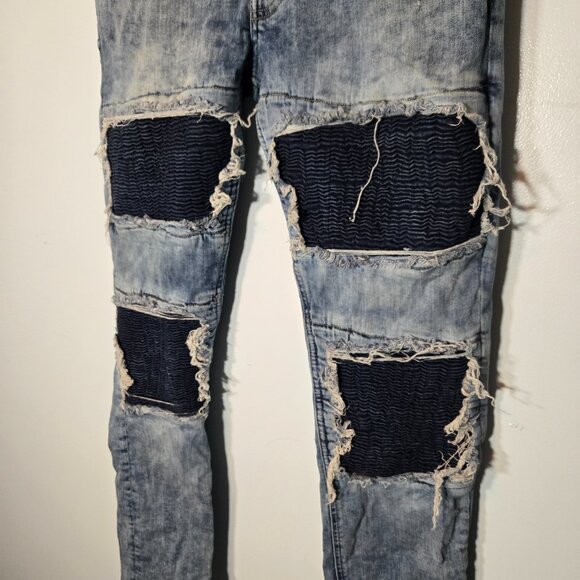 H&M Biker Jeans Woman's Blue Denim Light Washed Distressed Skinny Fit 33 - Picture 4 of 8